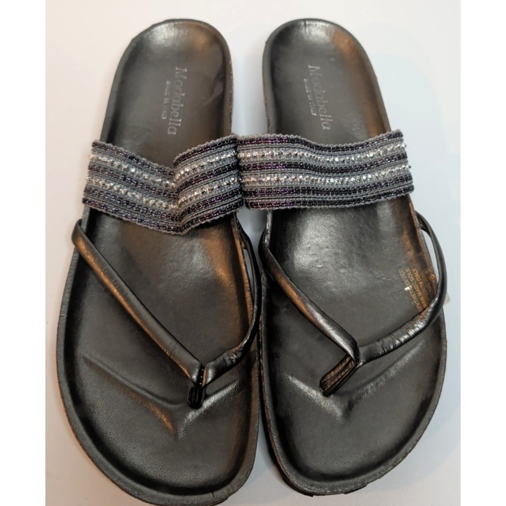 Modabella Italy Women's Black Wedge Thong Sandals‎ Beaded Strap Size 39